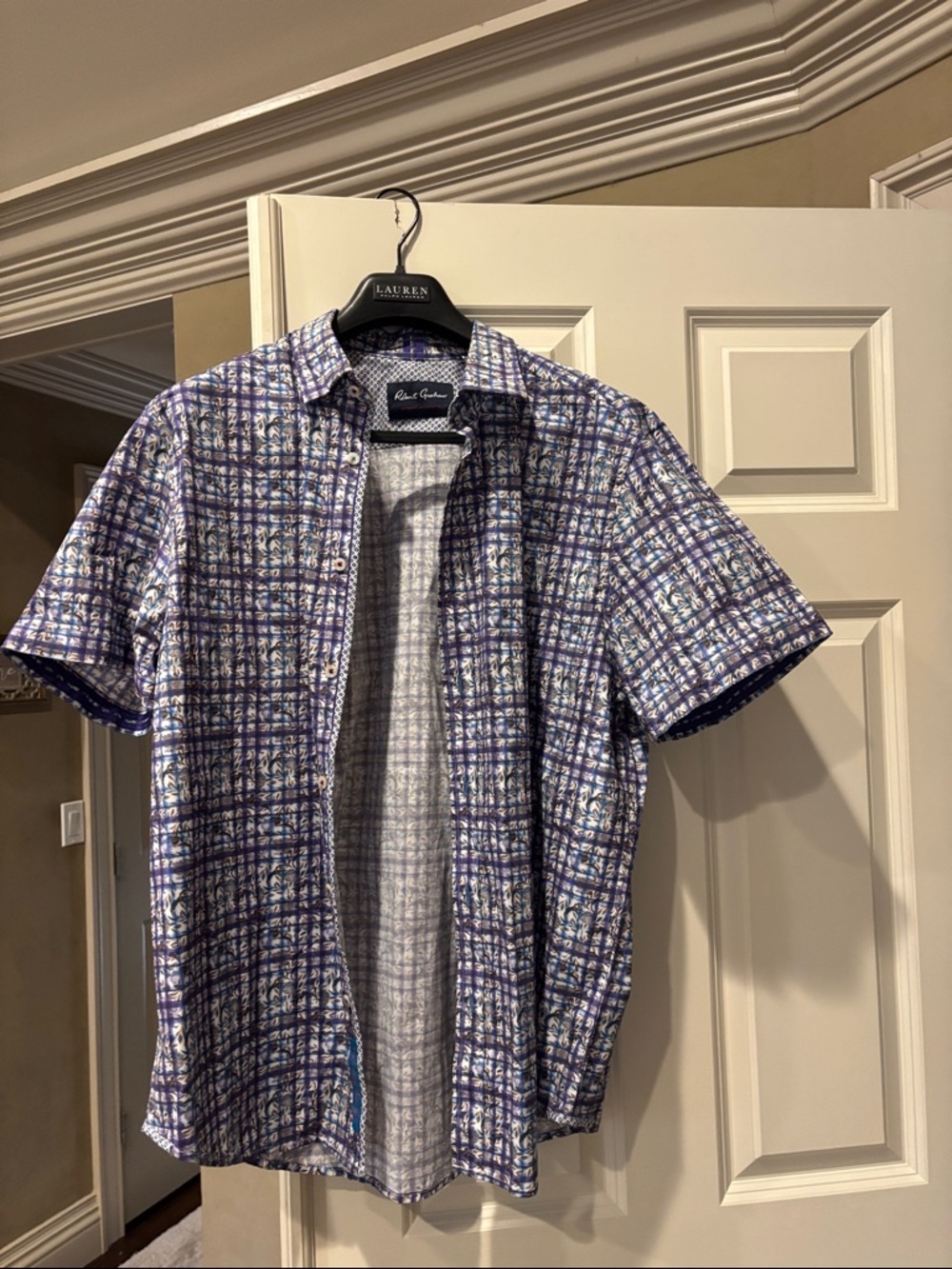 Robert Graham Short-Sleeve Multi-Check Button-Down Shirt in Blue and purple